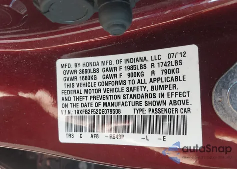 2012 Honda Civic Lx z USA, uszkodzony, nr VIN 19XFB2F52CE079508
